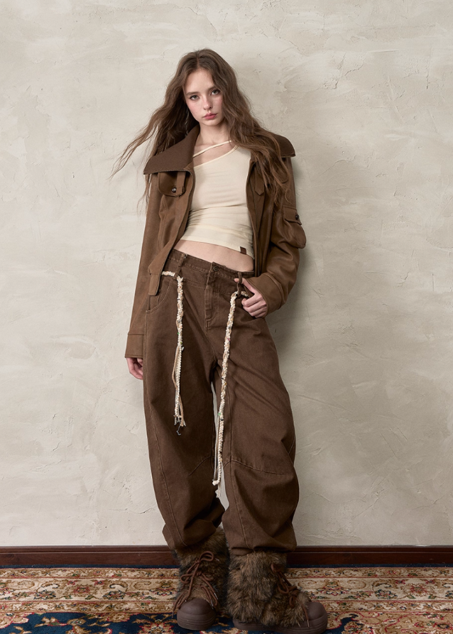 VIAPITTI trousers, double waist trousers, dual waist loop slacks, rope detail pants, wide leg straight trousers, autumn 2025 streetwear pants, Korean edgy fashion pants, retro rope trim pants, women’s wide slacks street style, industrial wide pants
