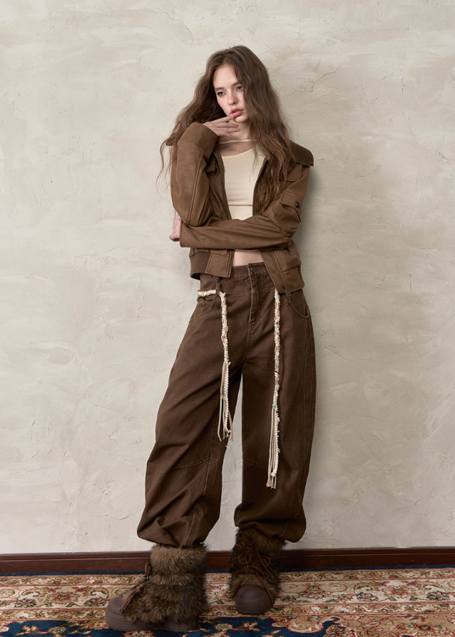 VIAPITTI trousers, double waist trousers, dual waist loop slacks, rope detail pants, wide leg straight trousers, autumn 2025 streetwear pants, Korean edgy fashion pants, retro rope trim pants, women’s wide slacks street style, industrial wide pants
