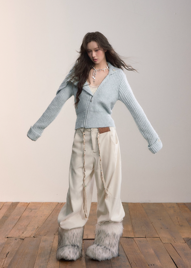 VIAPITTI knit jacket, asymmetrical zipper sweater, diagonal zip knit cardigan, large lapel knit jacket, cropped knit zip sweater, edgy streetwear knit top, autumn winter knit cardigan women, Korean asym zip sweater, grunge knit jacket, waist slimming knit top
