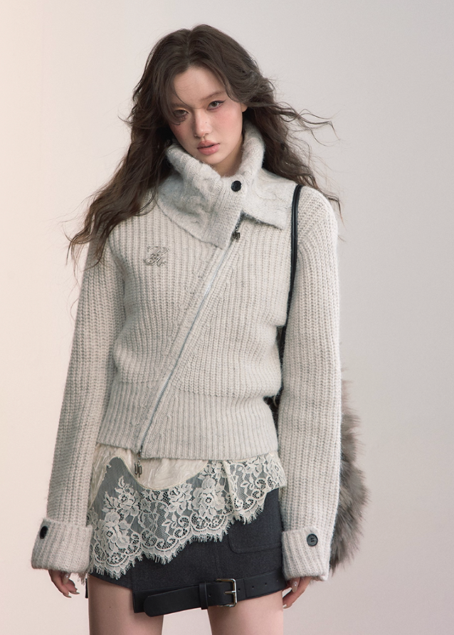 VIAPITTI knit jacket, asymmetrical zipper sweater, diagonal zip knit cardigan, large lapel knit jacket, cropped knit zip sweater, edgy streetwear knit top, autumn winter knit cardigan women, Korean asym zip sweater, grunge knit jacket, waist slimming knit top
