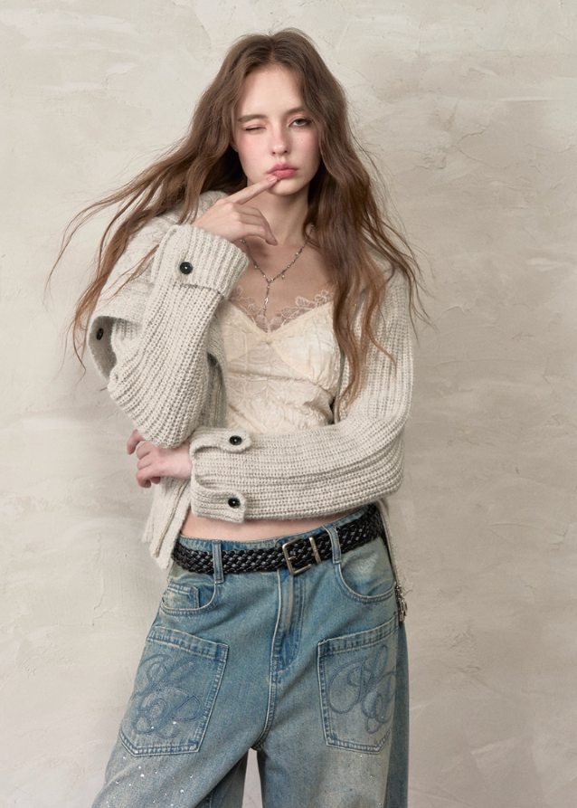 VIAPITTI knit jacket, asymmetrical zipper sweater, diagonal zip knit cardigan, large lapel knit jacket, cropped knit zip sweater, edgy streetwear knit top, autumn winter knit cardigan women, Korean asym zip sweater, grunge knit jacket, waist slimming knit top
