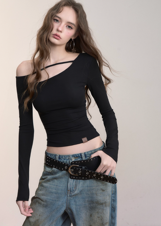 VIAPITTI asymmetrical top, one-shoulder long sleeve, slanted shoulder T-shirt, Lyocell slim top, cutout long sleeve tee, streetwear asymmetric top, edgy hot girl top, fall slim-fit top women, Korean style one-shoulder top, deconstructed neckline shirt
