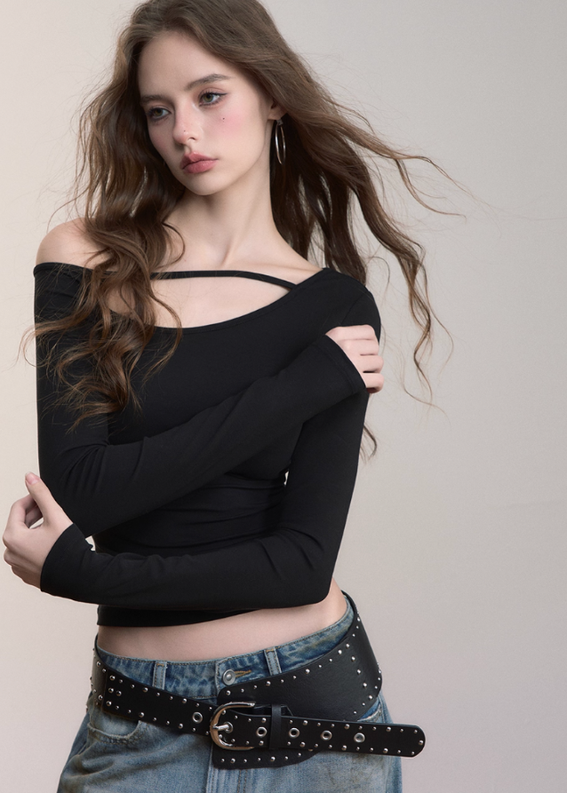 VIAPITTI asymmetrical top, one-shoulder long sleeve, slanted shoulder T-shirt, Lyocell slim top, cutout long sleeve tee, streetwear asymmetric top, edgy hot girl top, fall slim-fit top women, Korean style one-shoulder top, deconstructed neckline shirt
