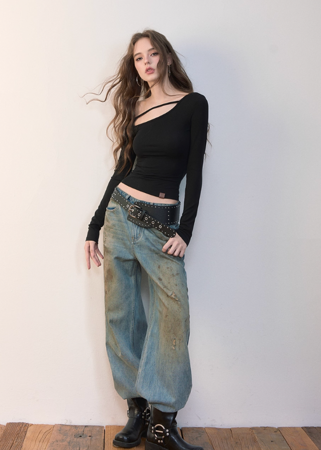 VIAPITTI asymmetrical top, one-shoulder long sleeve, slanted shoulder T-shirt, Lyocell slim top, cutout long sleeve tee, streetwear asymmetric top, edgy hot girl top, fall slim-fit top women, Korean style one-shoulder top, deconstructed neckline shirt
