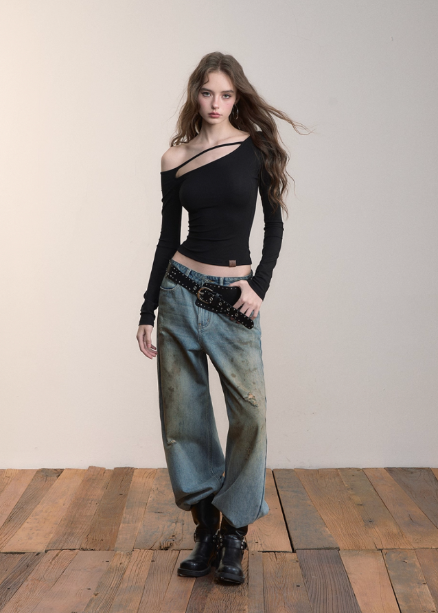 VIAPITTI asymmetrical top, one-shoulder long sleeve, slanted shoulder T-shirt, Lyocell slim top, cutout long sleeve tee, streetwear asymmetric top, edgy hot girl top, fall slim-fit top women, Korean style one-shoulder top, deconstructed neckline shirt
