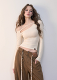 VIAPITTI asymmetrical top, one-shoulder long sleeve, slanted shoulder T-shirt, Lyocell slim top, cutout long sleeve tee, streetwear asymmetric top, edgy hot girl top, fall slim-fit top women, Korean style one-shoulder top, deconstructed neckline shirt
