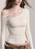 VIAPITTI asymmetrical top, one-shoulder long sleeve, slanted shoulder T-shirt, Lyocell slim top, cutout long sleeve tee, streetwear asymmetric top, edgy hot girl top, fall slim-fit top women, Korean style one-shoulder top, deconstructed neckline shirt
