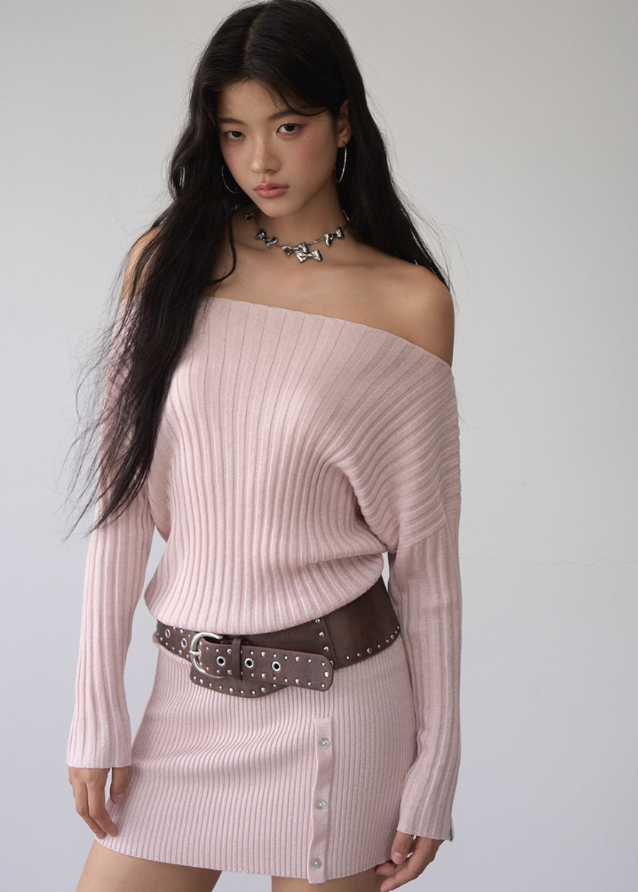 VIAPITTI asymmetric knit dress, one-shoulder ribbed dress set, slanted shoulder knit outfit, silk sheen rib dress women, asym cutout dress autumn, streetwear knit dress set, edgy one-shoulder mini dress, Korean style ribbed dress 2025, knit two-piece asymmetric outfit
