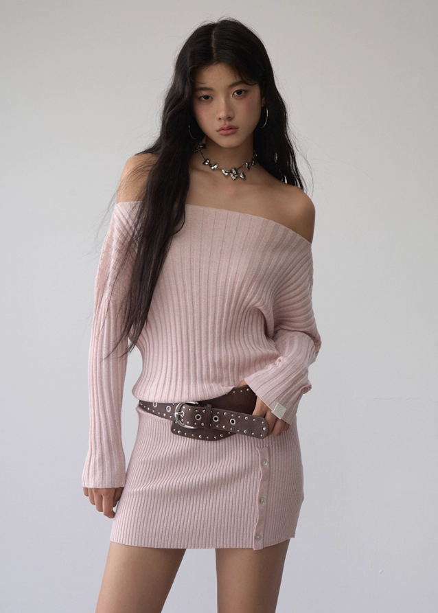 VIAPITTI asymmetric knit dress, one-shoulder ribbed dress set, slanted shoulder knit outfit, silk sheen rib dress women, asym cutout dress autumn, streetwear knit dress set, edgy one-shoulder mini dress, Korean style ribbed dress 2025, knit two-piece asymmetric outfit
