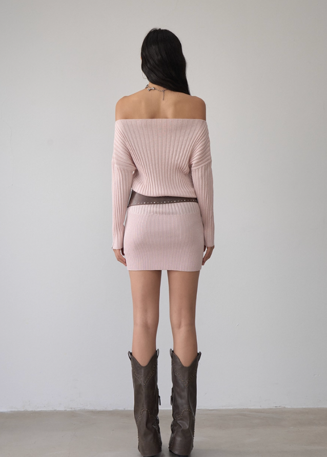 VIAPITTI asymmetric knit dress, one-shoulder ribbed dress set, slanted shoulder knit outfit, silk sheen rib dress women, asym cutout dress autumn, streetwear knit dress set, edgy one-shoulder mini dress, Korean style ribbed dress 2025, knit two-piece asymmetric outfit

