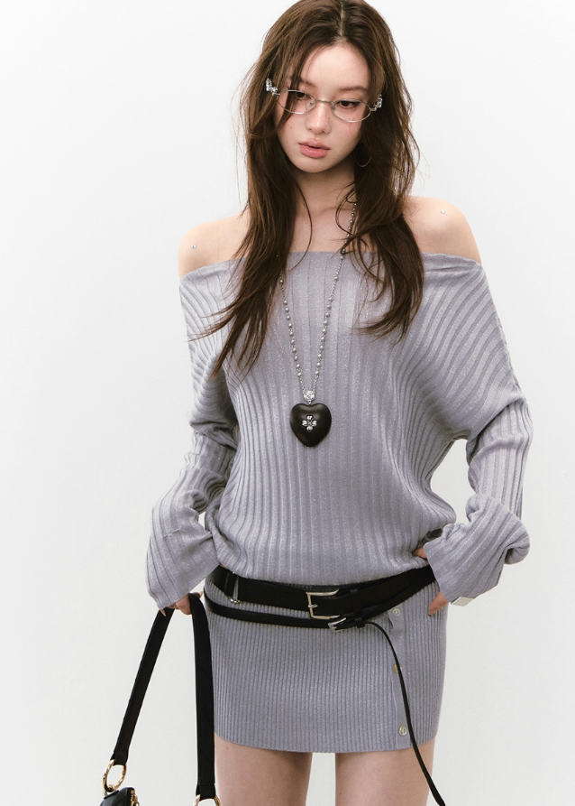 VIAPITTI asymmetric knit dress, one-shoulder ribbed dress set, slanted shoulder knit outfit, silk sheen rib dress women, asym cutout dress autumn, streetwear knit dress set, edgy one-shoulder mini dress, Korean style ribbed dress 2025, knit two-piece asymmetric outfit
