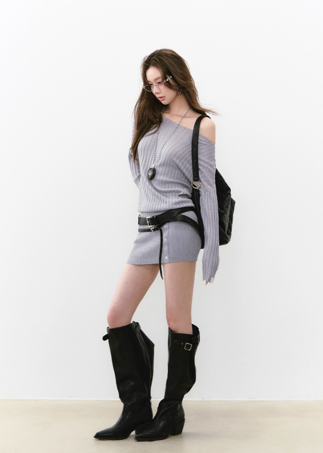 VIAPITTI asymmetric knit dress, one-shoulder ribbed dress set, slanted shoulder knit outfit, silk sheen rib dress women, asym cutout dress autumn, streetwear knit dress set, edgy one-shoulder mini dress, Korean style ribbed dress 2025, knit two-piece asymmetric outfit
