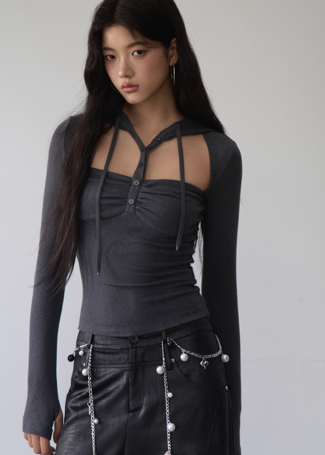 VIAPITTI cut out top, hooded cutout long sleeve, streetwear slim fit top, edgy hot girl top, deconstructed neckline shirt, Y2K hood strap top, Korean street style cutout tee, early autumn slim top women, dark aesthetic long sleeve top, grunge inspired cut out shirt
