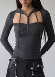 VIAPITTI cut out top, hooded cutout long sleeve, streetwear slim fit top, edgy hot girl top, deconstructed neckline shirt, Y2K hood strap top, Korean street style cutout tee, early autumn slim top women, dark aesthetic long sleeve top, grunge inspired cut out shirt
