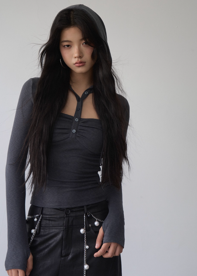 VIAPITTI cut out top, hooded cutout long sleeve, streetwear slim fit top, edgy hot girl top, deconstructed neckline shirt, Y2K hood strap top, Korean street style cutout tee, early autumn slim top women, dark aesthetic long sleeve top, grunge inspired cut out shirt
