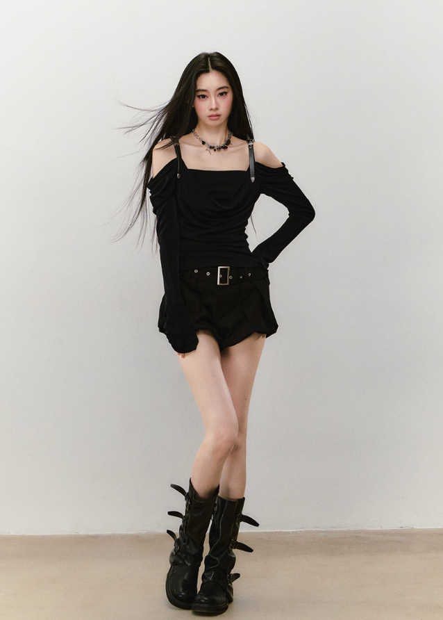 VIAPITTI strap top, leather strap long sleeve, draped off shoulder top, asymmetric streetwear top, Y2K hot girl top, edgy one shoulder shirt, Korean street fashion top, slim fit draped neckline tee, dark aesthetic long sleeve, acetate drape top women
