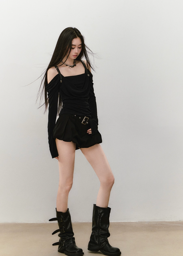 VIAPITTI strap top, leather strap long sleeve, draped off shoulder top, asymmetric streetwear top, Y2K hot girl top, edgy one shoulder shirt, Korean street fashion top, slim fit draped neckline tee, dark aesthetic long sleeve, acetate drape top women
