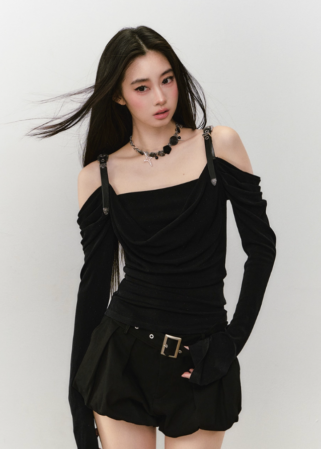 VIAPITTI strap top, leather strap long sleeve, draped off shoulder top, asymmetric streetwear top, Y2K hot girl top, edgy one shoulder shirt, Korean street fashion top, slim fit draped neckline tee, dark aesthetic long sleeve, acetate drape top women
