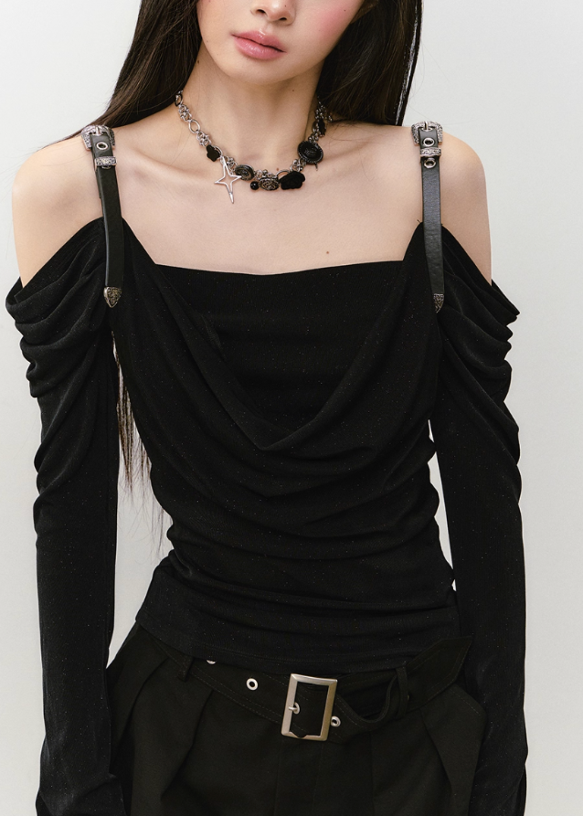 VIAPITTI strap top, leather strap long sleeve, draped off shoulder top, asymmetric streetwear top, Y2K hot girl top, edgy one shoulder shirt, Korean street fashion top, slim fit draped neckline tee, dark aesthetic long sleeve, acetate drape top women

