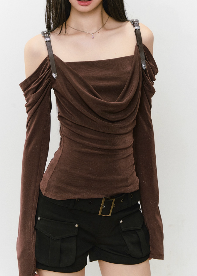 VIAPITTI strap top, leather strap long sleeve, draped off shoulder top, asymmetric streetwear top, Y2K hot girl top, edgy one shoulder shirt, Korean street fashion top, slim fit draped neckline tee, dark aesthetic long sleeve, acetate drape top women
