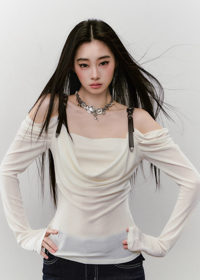 VIAPITTI strap top, leather strap long sleeve, draped off shoulder top, asymmetric streetwear top, Y2K hot girl top, edgy one shoulder shirt, Korean street fashion top, slim fit draped neckline tee, dark aesthetic long sleeve, acetate drape top women
