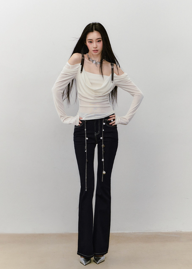 VIAPITTI strap top, leather strap long sleeve, draped off shoulder top, asymmetric streetwear top, Y2K hot girl top, edgy one shoulder shirt, Korean street fashion top, slim fit draped neckline tee, dark aesthetic long sleeve, acetate drape top women
