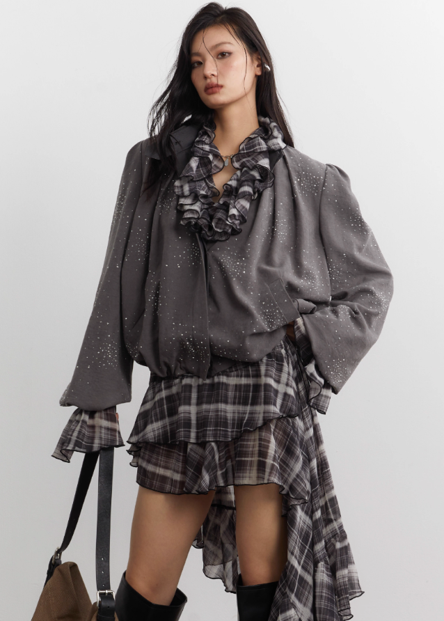 JNYLON dress  
asymmetrical chiffon dress  
ruffle plaid dress  
nomadic style dress  
Korean style plaid dress  
asymmetric ruffle shirt dress  
K-fashion chiffon dress  
streetwear plaid dress  
flowy ruffle hem dress  
Korean chic long dress  
irregular hem chiffon dress  
Korean fashion womens dresses  
stylish plaid long dress
