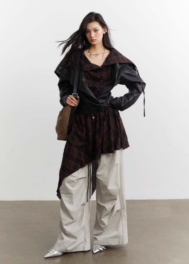 urban nomad jacket set, korean street style jacket, korean fashion leather jacket, plaid apron overlay jacket, asymmetrical plaid apron skirt, PU faux leather jacket women, K-fashion outerwear 2025, edgy layered jacket outfit, korean mixed media jacket, streetwear leather jacket set, plaid drape apron piece, avant garde jacket women, deconstructed jacket womenswear, runway style layered jacket, korean edgy fashion set
