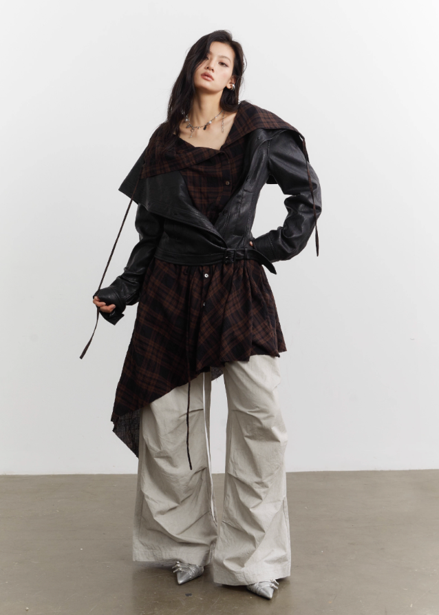 urban nomad jacket set, korean street style jacket, korean fashion leather jacket, plaid apron overlay jacket, asymmetrical plaid apron skirt, PU faux leather jacket women, K-fashion outerwear 2025, edgy layered jacket outfit, korean mixed media jacket, streetwear leather jacket set, plaid drape apron piece, avant garde jacket women, deconstructed jacket womenswear, runway style layered jacket, korean edgy fashion set
