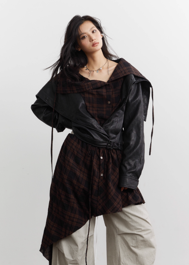 urban nomad jacket set, korean street style jacket, korean fashion leather jacket, plaid apron overlay jacket, asymmetrical plaid apron skirt, PU faux leather jacket women, K-fashion outerwear 2025, edgy layered jacket outfit, korean mixed media jacket, streetwear leather jacket set, plaid drape apron piece, avant garde jacket women, deconstructed jacket womenswear, runway style layered jacket, korean edgy fashion set
