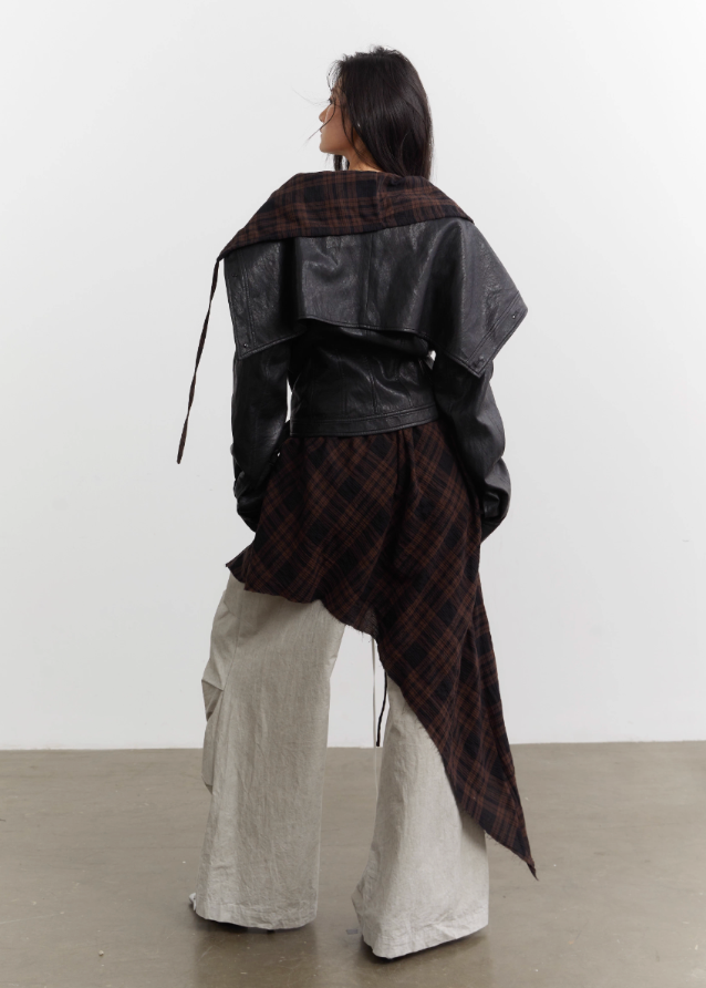urban nomad jacket set, korean street style jacket, korean fashion leather jacket, plaid apron overlay jacket, asymmetrical plaid apron skirt, PU faux leather jacket women, K-fashion outerwear 2025, edgy layered jacket outfit, korean mixed media jacket, streetwear leather jacket set, plaid drape apron piece, avant garde jacket women, deconstructed jacket womenswear, runway style layered jacket, korean edgy fashion set
