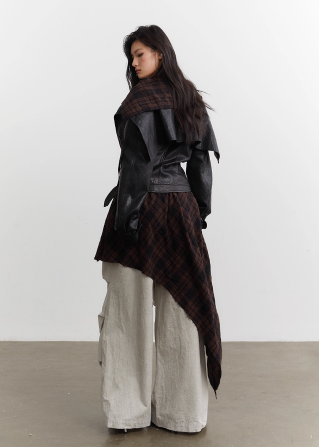 urban nomad jacket set, korean street style jacket, korean fashion leather jacket, plaid apron overlay jacket, asymmetrical plaid apron skirt, PU faux leather jacket women, K-fashion outerwear 2025, edgy layered jacket outfit, korean mixed media jacket, streetwear leather jacket set, plaid drape apron piece, avant garde jacket women, deconstructed jacket womenswear, runway style layered jacket, korean edgy fashion set
