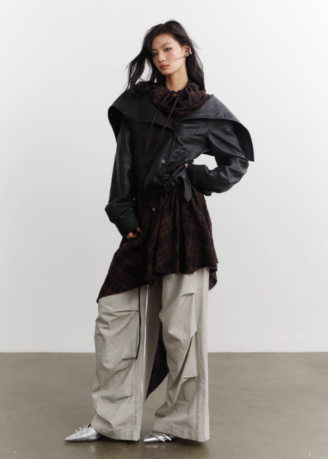 urban nomad jacket set, korean street style jacket, korean fashion leather jacket, plaid apron overlay jacket, asymmetrical plaid apron skirt, PU faux leather jacket women, K-fashion outerwear 2025, edgy layered jacket outfit, korean mixed media jacket, streetwear leather jacket set, plaid drape apron piece, avant garde jacket women, deconstructed jacket womenswear, runway style layered jacket, korean edgy fashion set
