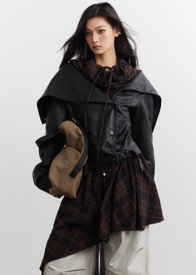 urban nomad jacket set, korean street style jacket, korean fashion leather jacket, plaid apron overlay jacket, asymmetrical plaid apron skirt, PU faux leather jacket women, K-fashion outerwear 2025, edgy layered jacket outfit, korean mixed media jacket, streetwear leather jacket set, plaid drape apron piece, avant garde jacket women, deconstructed jacket womenswear, runway style layered jacket, korean edgy fashion set
