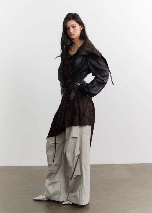 urban nomad jacket set, korean street style jacket, korean fashion leather jacket, plaid apron overlay jacket, asymmetrical plaid apron skirt, PU faux leather jacket women, K-fashion outerwear 2025, edgy layered jacket outfit, korean mixed media jacket, streetwear leather jacket set, plaid drape apron piece, avant garde jacket women, deconstructed jacket womenswear, runway style layered jacket, korean edgy fashion set
