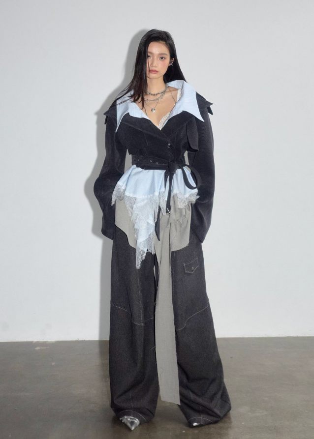 korean lace jacket, hybrid layered jacket women, deconstructed short coat, asymmetric lace trim jacket, korean street style coat, JNYLON jacket 2025, contrast panel outerwear, fake two piece jacket women, lace patchwork blazer, avant garde korean fashion, layered silhouette jacket, romantic grunge jacket, korean asymmetrical coat, soft edgy fashion jacket
