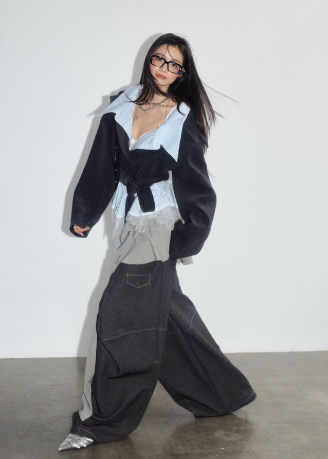 korean lace jacket, hybrid layered jacket women, deconstructed short coat, asymmetric lace trim jacket, korean street style coat, JNYLON jacket 2025, contrast panel outerwear, fake two piece jacket women, lace patchwork blazer, avant garde korean fashion, layered silhouette jacket, romantic grunge jacket, korean asymmetrical coat, soft edgy fashion jacket
