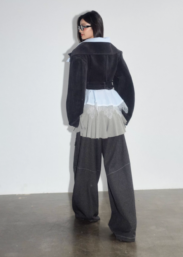 korean lace jacket, hybrid layered jacket women, deconstructed short coat, asymmetric lace trim jacket, korean street style coat, JNYLON jacket 2025, contrast panel outerwear, fake two piece jacket women, lace patchwork blazer, avant garde korean fashion, layered silhouette jacket, romantic grunge jacket, korean asymmetrical coat, soft edgy fashion jacket
