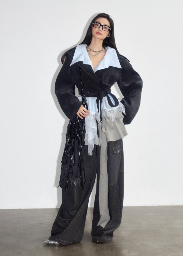 korean lace jacket, hybrid layered jacket women, deconstructed short coat, asymmetric lace trim jacket, korean street style coat, JNYLON jacket 2025, contrast panel outerwear, fake two piece jacket women, lace patchwork blazer, avant garde korean fashion, layered silhouette jacket, romantic grunge jacket, korean asymmetrical coat, soft edgy fashion jacket
