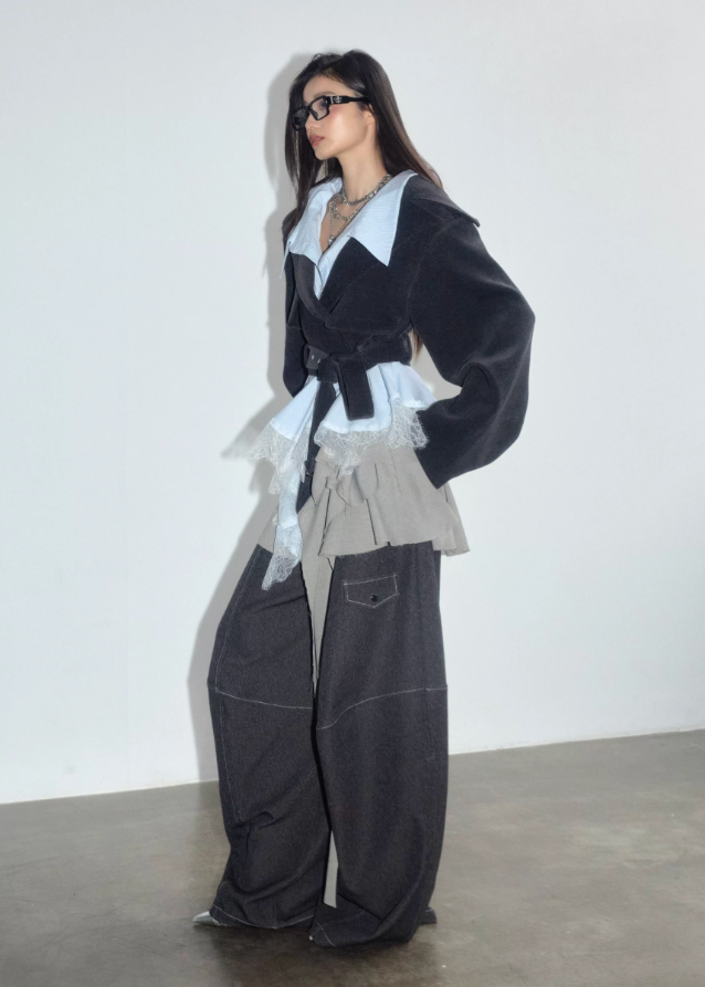 korean lace jacket, hybrid layered jacket women, deconstructed short coat, asymmetric lace trim jacket, korean street style coat, JNYLON jacket 2025, contrast panel outerwear, fake two piece jacket women, lace patchwork blazer, avant garde korean fashion, layered silhouette jacket, romantic grunge jacket, korean asymmetrical coat, soft edgy fashion jacket
