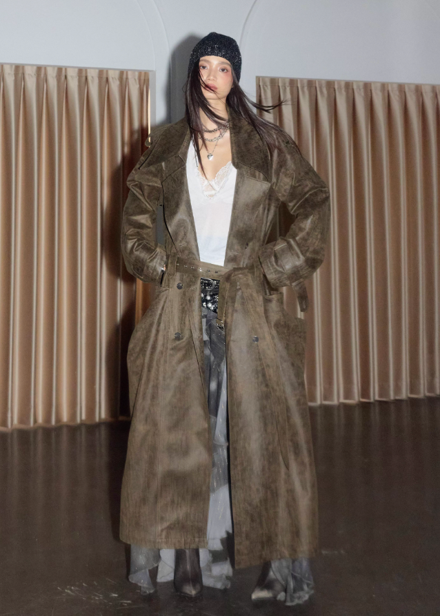 korean trench coat, distressed long trench coat, oversized pocket trench, nomadic style coat, vintage earth tone trench, jnylon streetwear coat, cargo maxi trench women, rock artist style coat, deconstructed trench coat, grunge long coat women, layered street fashion, brown distressed trench, korean oversized coat, avant garde outerwear, urban wanderer coat
