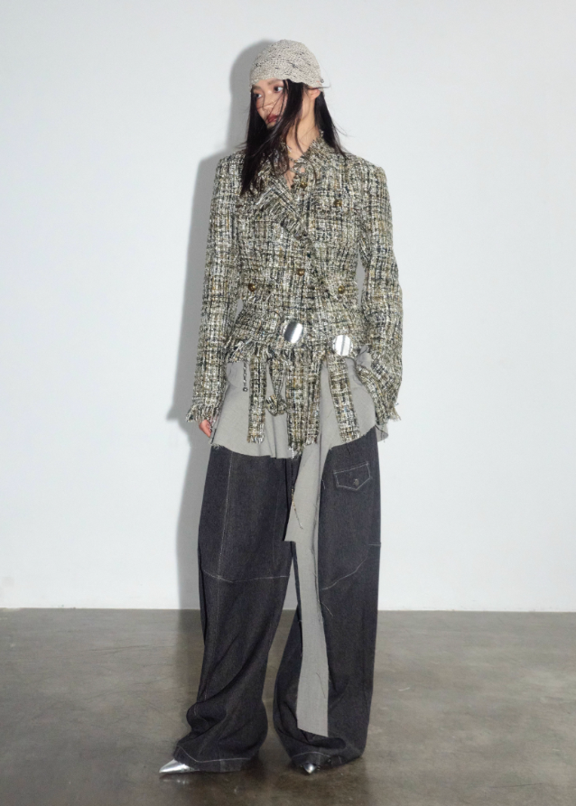 korean tweed fringe jacket, deconstructed tweed jacket, frayed edge tweed coat, nomadic style jacket women, jnylon tweed outerwear, urban grunge tweed jacket, artistic fringe jacket, hybrid layered tweed coat, edgy korean fashion jacket, avant garde tweed top, destructive fringe jacket women
