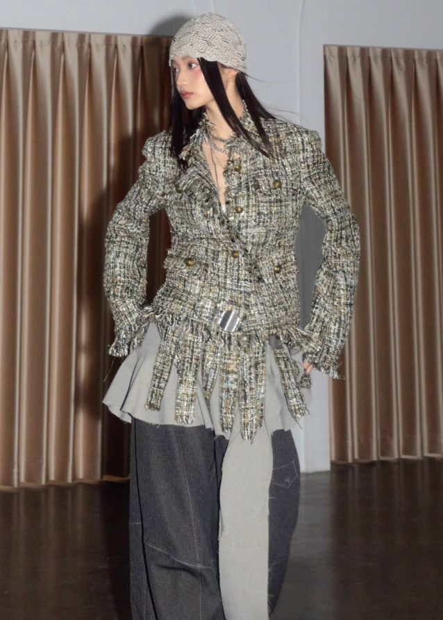 korean tweed fringe jacket, deconstructed tweed jacket, frayed edge tweed coat, nomadic style jacket women, jnylon tweed outerwear, urban grunge tweed jacket, artistic fringe jacket, hybrid layered tweed coat, edgy korean fashion jacket, avant garde tweed top, destructive fringe jacket women
