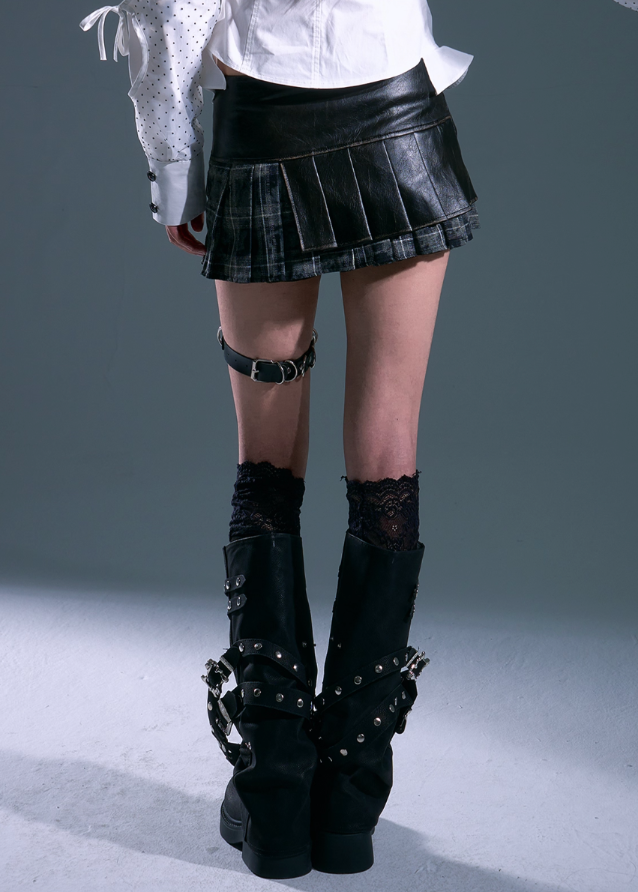 edgy leather mini skirt, punk low waist skirt, grunge strap skirt women, leather stitched pleated skirt, frustration garden skirt, gothic plaid mini skirt, metal hardware mini skirt, punk a-line short skirt, street goth fashion skirt, low rise grunge skirt, punk vintage leather skirt
