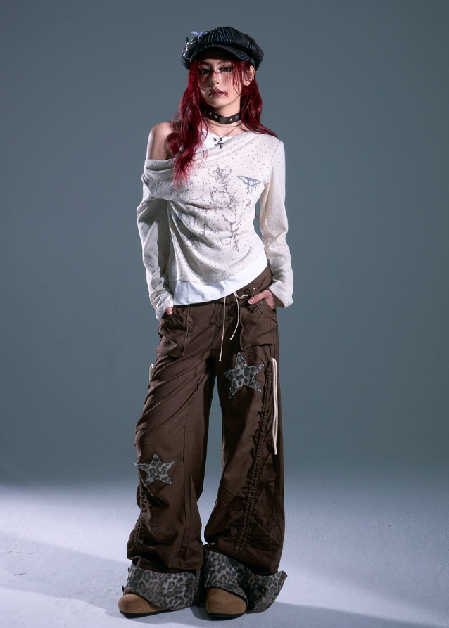 y2k wide leg pants women, leopard star patch pants, edgy cargo trousers women, grunge drawstring wide legs, frustration garden pants, retro y2k baggy pants, leopard print cuff pants, star patch cargo pants, loose casual streetwear pants, y2k parachute trousers women
