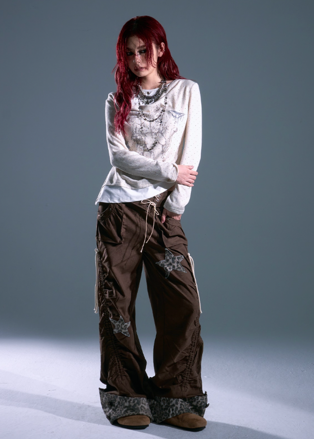 y2k wide leg pants women, leopard star patch pants, edgy cargo trousers women, grunge drawstring wide legs, frustration garden pants, retro y2k baggy pants, leopard print cuff pants, star patch cargo pants, loose casual streetwear pants, y2k parachute trousers women
