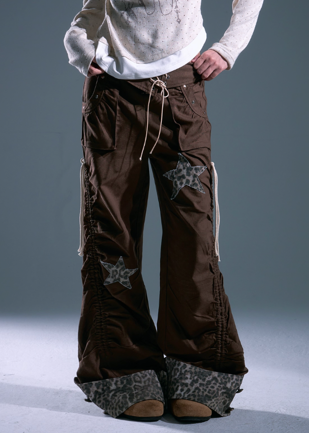 y2k wide leg pants women, leopard star patch pants, edgy cargo trousers women, grunge drawstring wide legs, frustration garden pants, retro y2k baggy pants, leopard print cuff pants, star patch cargo pants, loose casual streetwear pants, y2k parachute trousers women
