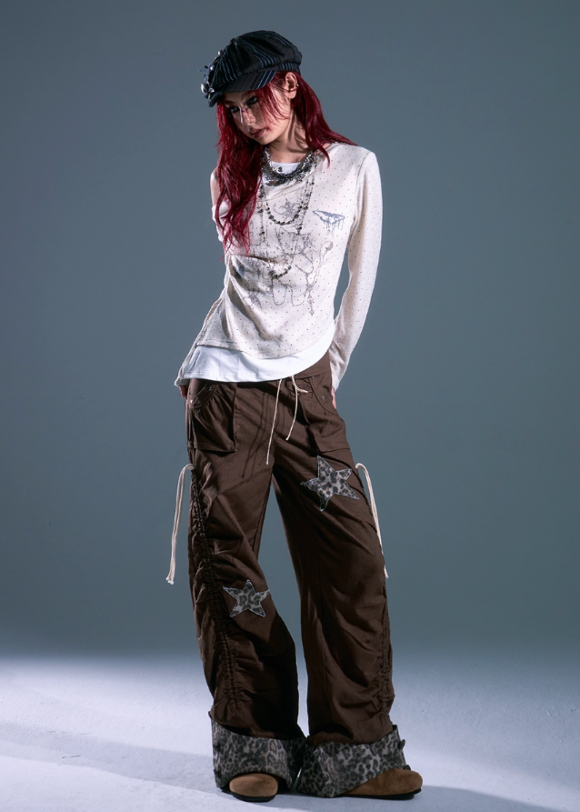 y2k wide leg pants women, leopard star patch pants, edgy cargo trousers women, grunge drawstring wide legs, frustration garden pants, retro y2k baggy pants, leopard print cuff pants, star patch cargo pants, loose casual streetwear pants, y2k parachute trousers women
