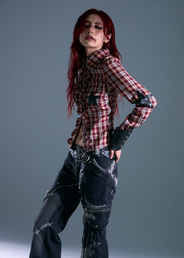 punk plaid bolero, edgy leather strap shirt, grunge slim fit plaid top, star patch punk shirt, frustration garden top, vintage punk check shirt, gothic plaid bolero women's, deconstructed plaid shirt, y2k punk long sleeve top, strap detail punk fashion

