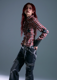 punk plaid bolero, edgy leather strap shirt, grunge slim fit plaid top, star patch punk shirt, frustration garden top, vintage punk check shirt, gothic plaid bolero women's, deconstructed plaid shirt, y2k punk long sleeve top, strap detail punk fashion
